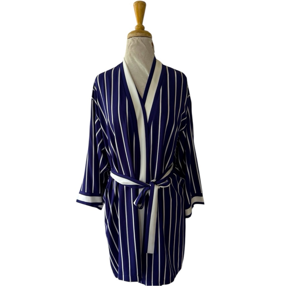 Vtg 90s Josie NATORI Navy Blue White Striped Short Summer Robe XS Deadstock NWT